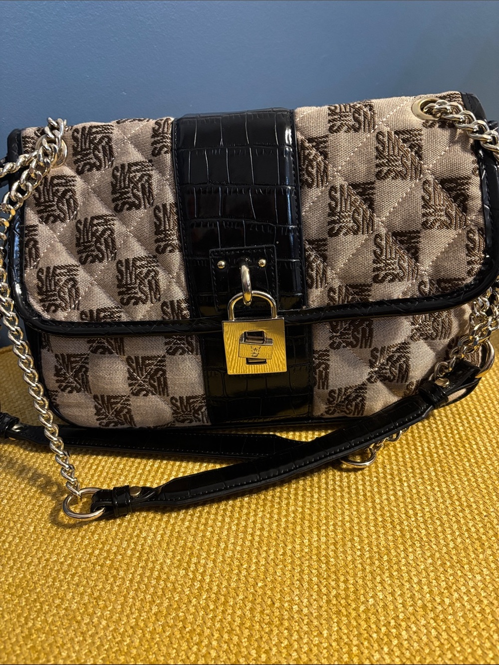 Designer-Inspired Quilted Crossbody Bag in Beige and Black
